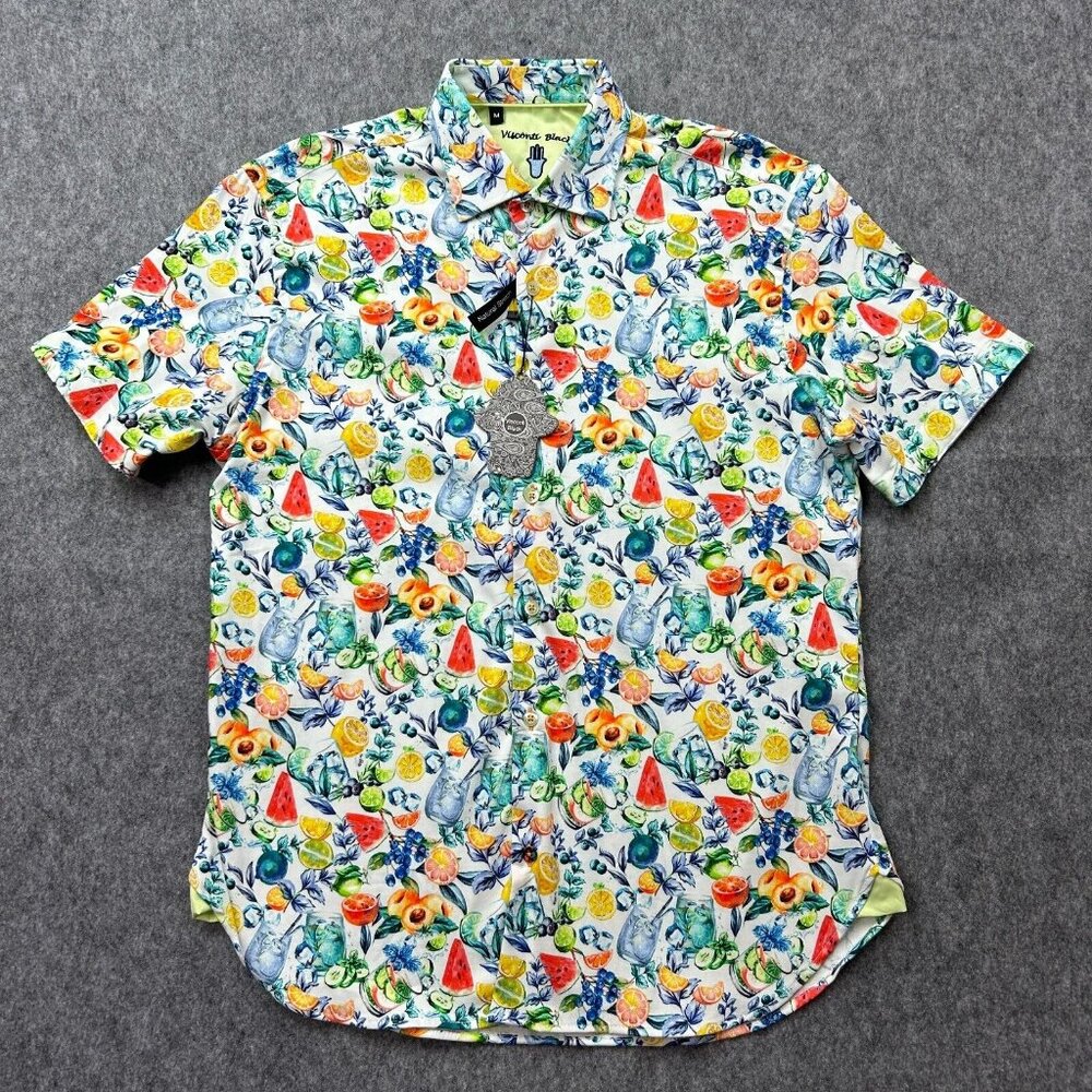 Visconti Black Fruit Print Short Sleeve Shirt Men's Size M White Stretch NWT
